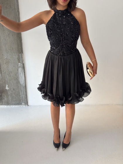 Rochie eleganta din satin creponat accesorizata cu paiete - Img 2