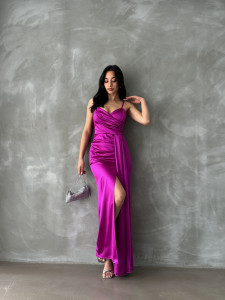 Rochie eleganta din satin lunga cu bretele - Img 3