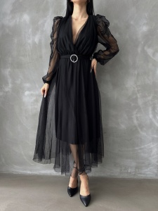 Rochie eleganta lunga cu accesoriu in talie din tull - Img 4