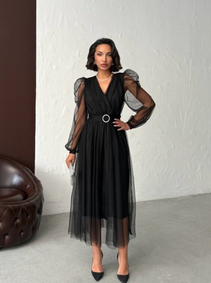 Rochie eleganta lunga cu accesoriu in talie din tull - Img 7