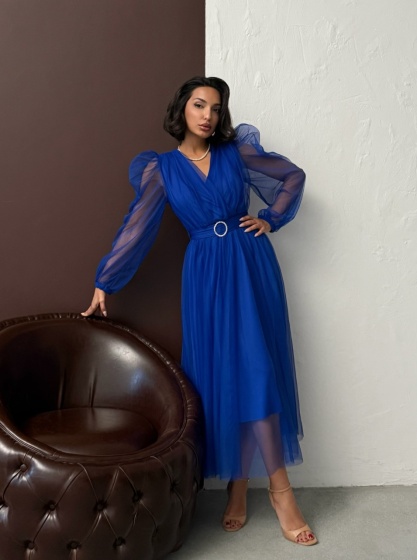 Rochie eleganta lunga cu accesoriu in talie din tull - Img 5