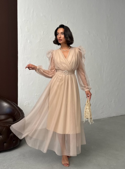 Rochie eleganta lunga cu accesoriu in talie din tull - Img 7