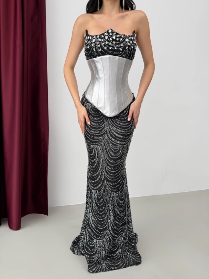 Rochie eleganta lunga cu detalii strasuri si corset detasabil - Img 3