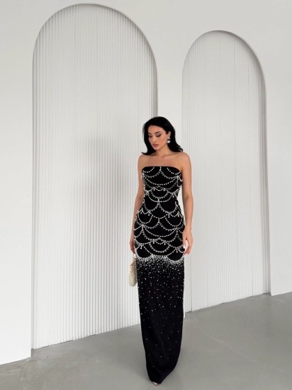 Rochie eleganta lunga cu detalii strasuri si perle - Img 3