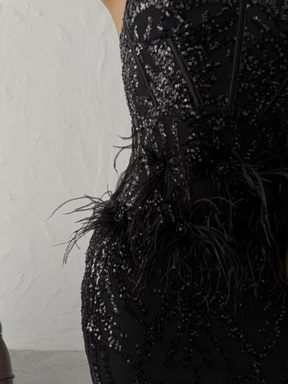 Rochie eleganta lunga cu paiete si pene - Img 2