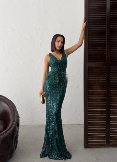 Rochie eleganta lunga cu paiete si pene - Img 6