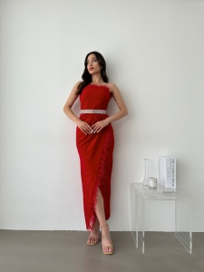 Rochie eleganta lunga cu pene - Img 3