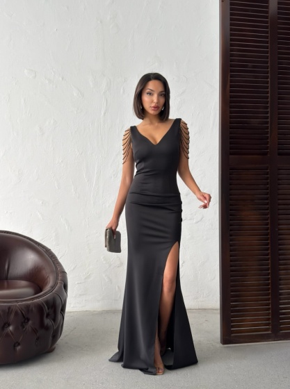 Rochie eleganta lunga tip sirena accesorizata cu lantisoare - Img 8