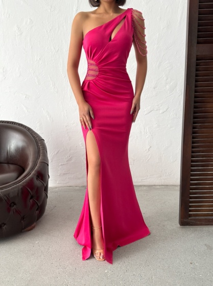 Rochie eleganta lunga tip sirena accesorizata cu lantisoare - Img 2