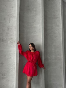 Rochie eleganta scurta cu maneca lunga si cordon in talie - Img 4