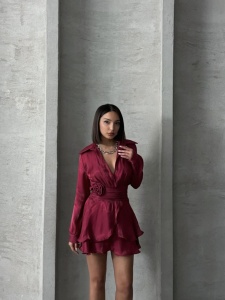 Rochie eleganta stil camasa cu maneca lunga accesorizata cu pampon - Img 5