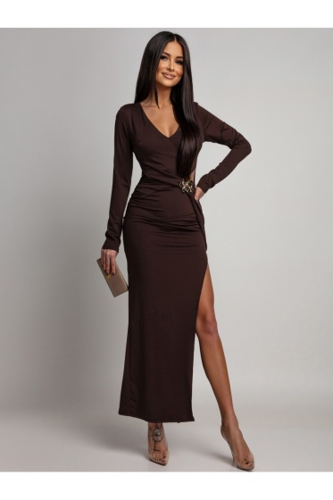 Rochie lungă din lycra cu decolteu în V, și accesoriu metalic în talie. - Img 3