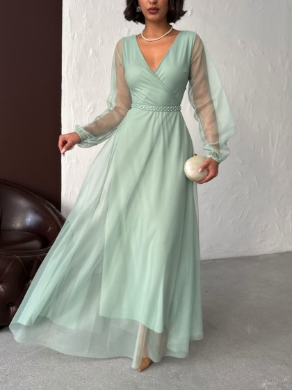 Rochie lunga din tull cu accesoriu in talie