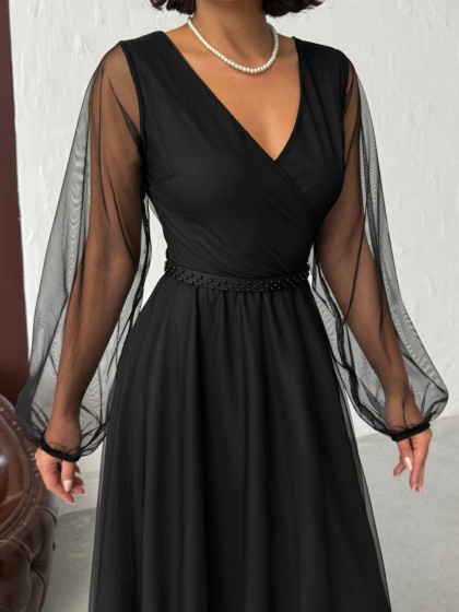 Rochie lunga din tull cu accesoriu in talie - Img 4