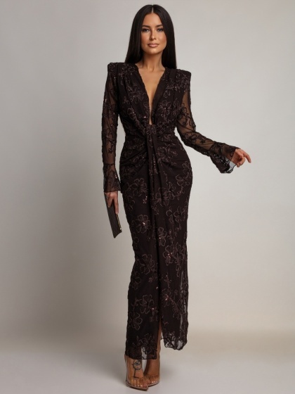 Rochie lungă din tull, cu broderie florală, paiete strălucitoare și mâneci evazate tip clopot - Img 2