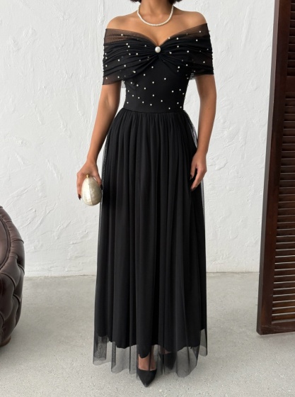 Rochie lunga din tull cu detalii perle - Img 3