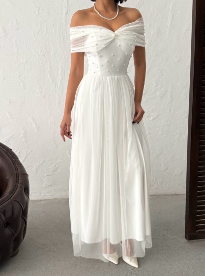 Rochie lunga din tull cu detalii perle - Img 4