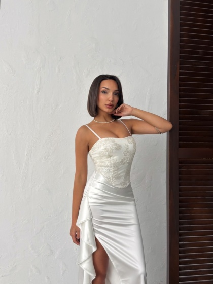 Rochie lunga eleganta din satin cu bust brodat si paiete - Img 6