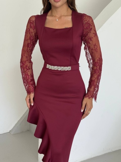 Rochie midi eleganta cu dantelă și detalii volan - Img 1