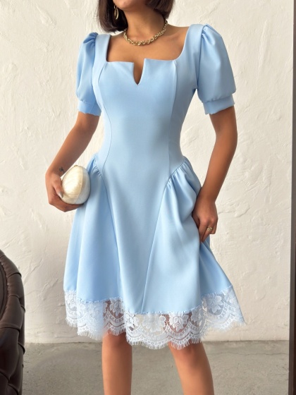 Rochie scurtă cu garnitura din dantela si funda la spate - Img 5