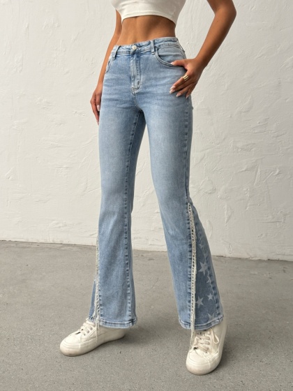 Blugi evazati elastici accesorizati cu lantisoare - Img 7