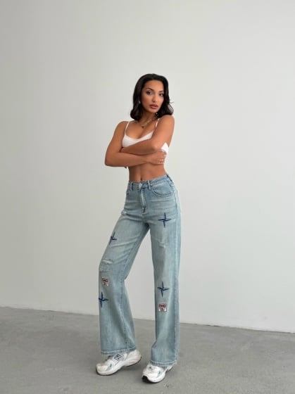 Blugi evazati elastici cu insertii brodate - Img 6