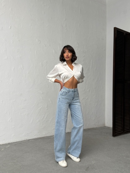 Blugi evazati elastici cu perle - Img 7