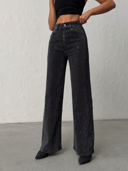 Blugi evazati elastici cu strasuri - Img 1