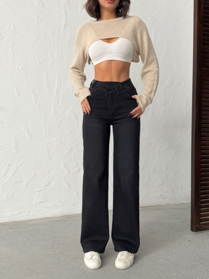 Blugi evazati elastici cu talie asimetrica - Img 2