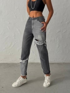 Blugi mom fit cu taietura asimetrica - Img 1