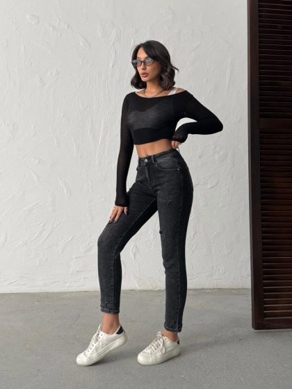 Blugi mom fit elastici cu mici rupturi - Img 6