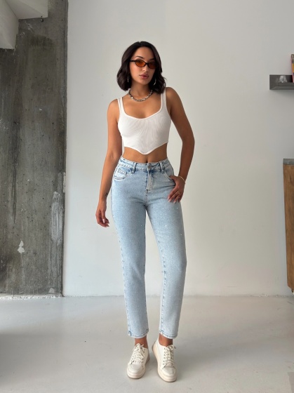 Blugi skinny elastici cu aplicatii din strasuri - Img 6