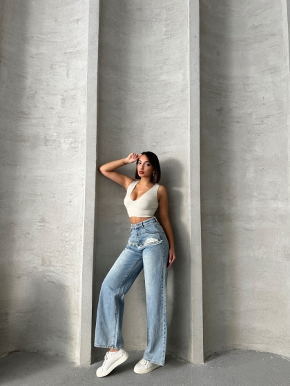 Blugi wide leg cu abraziuni în față, în zona buzunarelor - Img 4