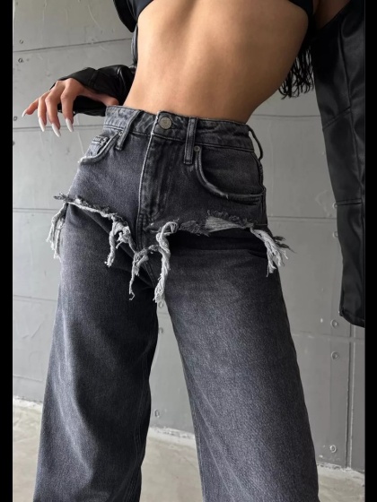 Blugi wide leg cu abraziuni în față, în zona buzunarelor