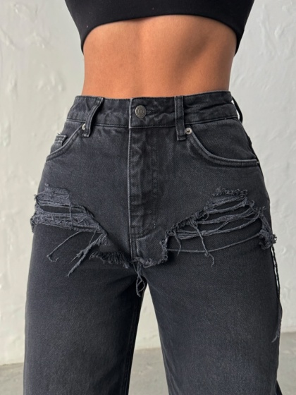 Blugi wide leg cu abraziuni în față - Img 1