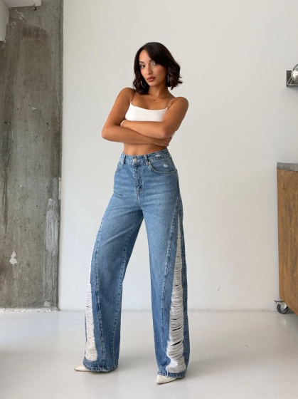 Blugi wide leg cu abraziuni pe lateral - Img 4