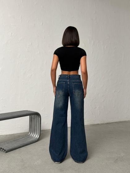 Blugi wide leg cu abraziuni - Img 4