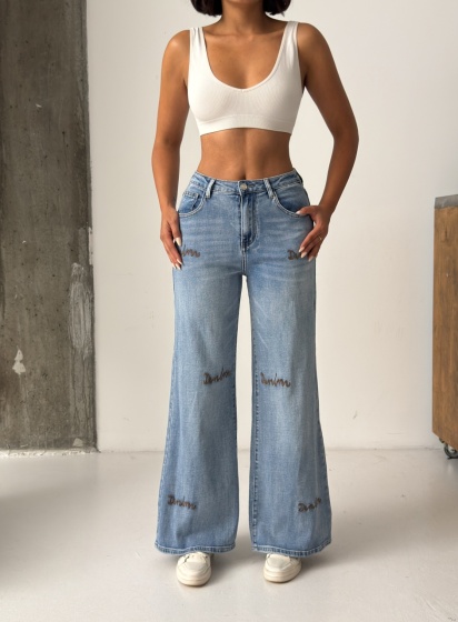 Blugi wide leg cu broderie decor