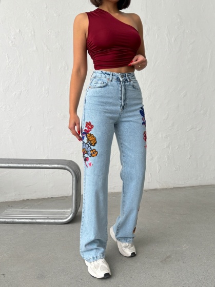 Blugi wide leg cu broderie florala - Img 2