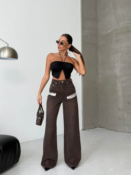 Blugi wide leg cu buzunare pe exterior - Img 4