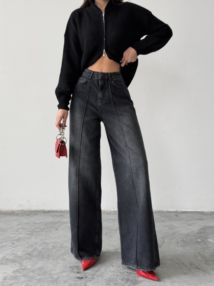 Blugi wide leg cu dunga pe mijloc