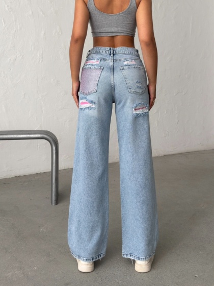 Blugi wide leg cu inserții roz - Img 1