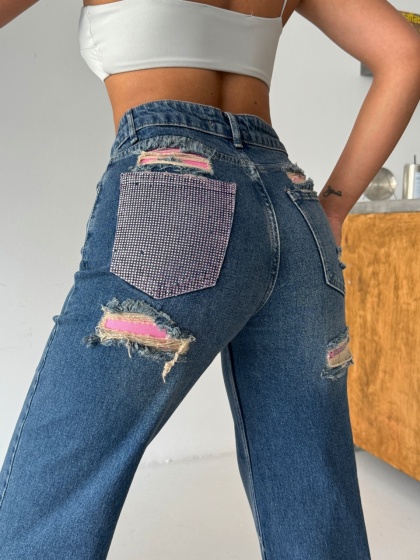 Blugi wide leg cu inserții roz