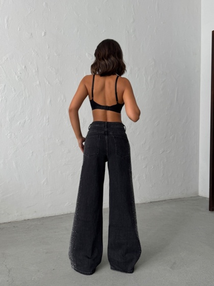 Blugi wide leg cu strasuri pe lateral - Img 4