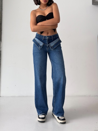 Blugi wide-leg cu talie dubla