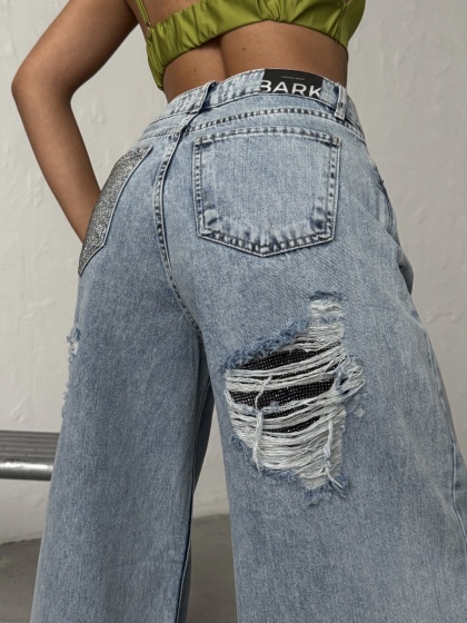 Blugi wide-leg din denim cu detalii ripped - Img 2