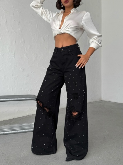 Blugi wide-leg din denim cu detalii strălucitoare - Img 2