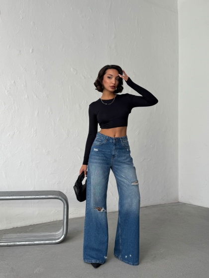 Blugi wide leg din denim cu rupturi - Img 5