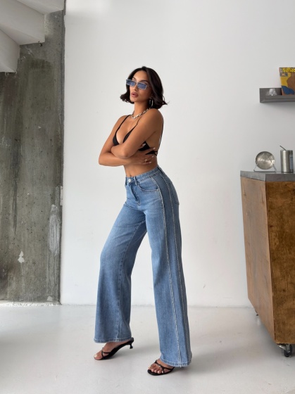 Blugi wide leg elastici cu detalii strasuri - Img 4
