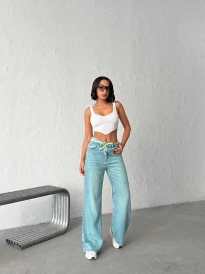 Blugi wide leg subtiri cu siret in talie - Img 6